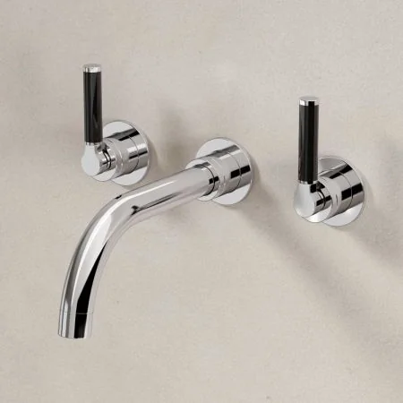Bayor Wall Mounted 3 Hole Basin Mixer - 215mm Spout - Black Lever - Chrome