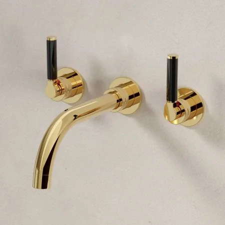 Bayor Wall Mounted 3 Hole Basin Mixer - 215mm Spout - Black Lever - Living Brass
