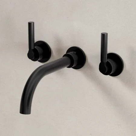 Bayor Wall Mounted 3 Hole Basin Mixer - 215mm Spout - Metal Lever - Matt Black