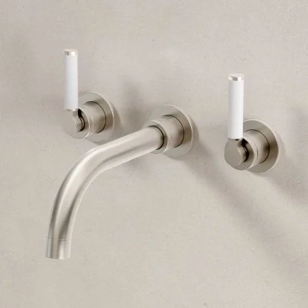 Bayor Wall Mounted 3 Hole Basin Mixer - 215mm Spout - White Lever - Brushed Nickel