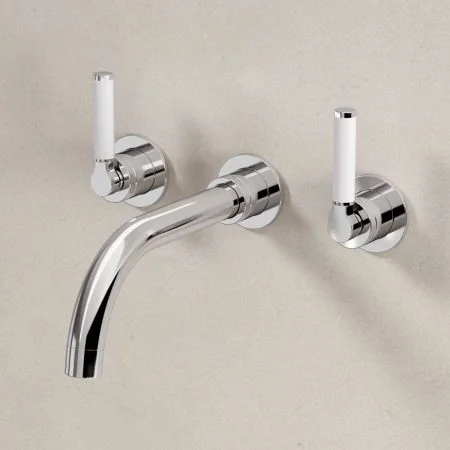 Bayor Wall Mounted 3 Hole Basin Mixer - 215mm Spout - White Lever - Chrome