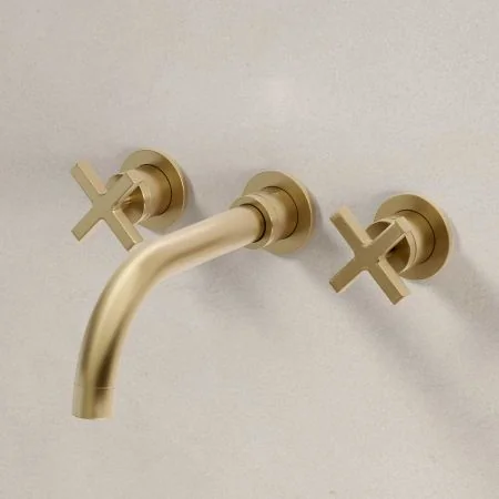 Bayor Wall Mounted 3 Hole Basin Mixer - 215mm Spout - Crosshead - Brushed Brass
