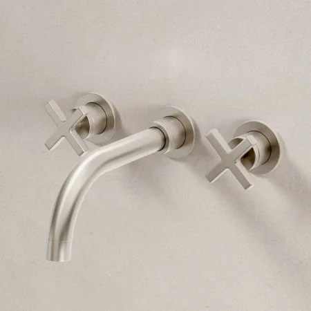 Bayor Wall Mounted 3 Hole Basin Mixer - 215mm Spout - Crosshead - Brushed Nickel