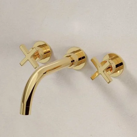 Bayor Wall Mounted 3 Hole Basin Mixer - 215mm Spout - Crosshead - Living Brass