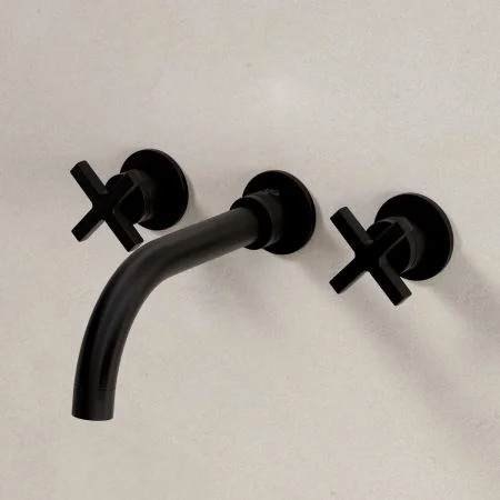 Bayor Wall Mounted 3 Hole Basin Mixer - 215mm Spout - Crosshead - Matt Black