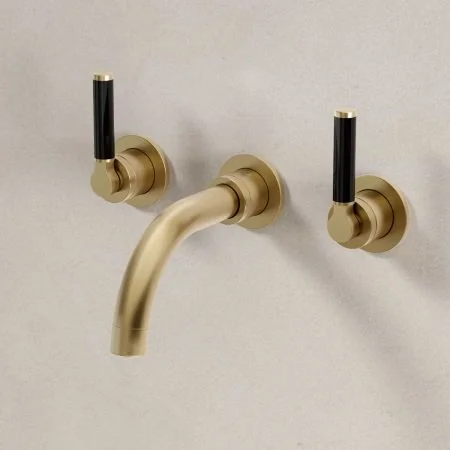 Bayor Wall Mounted 3 Hole Basin Mixer - 160mm Spout - Black Lever - Brushed Brass