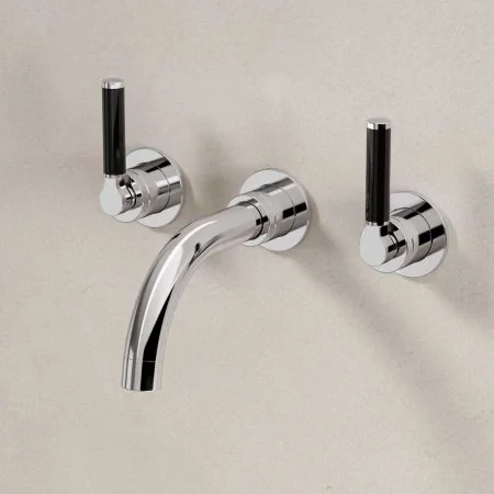 Bayor Wall Mounted 3 Hole Basin Mixer - 160mm Spout - Black Lever - Chrome