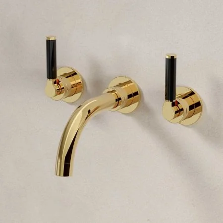 Bayor Wall Mounted 3 Hole Basin Mixer - 160mm Spout - Black Lever - Living Brass