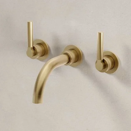Bayor Wall Mounted 3 Hole Basin Mixer - 160mm Spout - Metal Lever - Brushed Brass