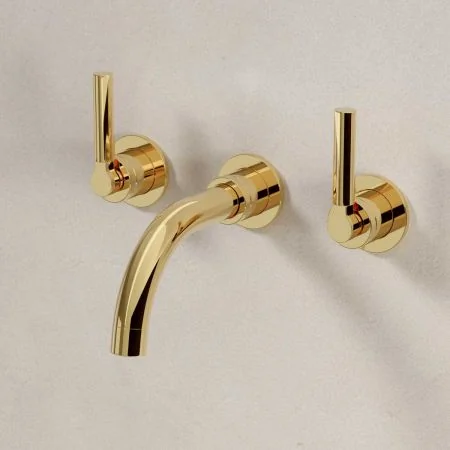 Bayor Wall Mounted 3 Hole Basin Mixer - 160mm Spout - Metal Lever - Living Brass
