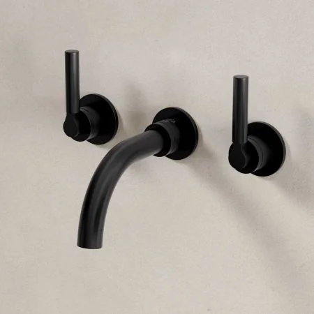 Bayor Wall Mounted 3 Hole Basin Mixer - 160mm Spout - Metal Lever - Matt Black
