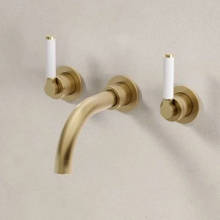 Bayor Wall Mounted 3 Hole Basin Mixer - 160mm Spout - White Lever - Brushed Brass
