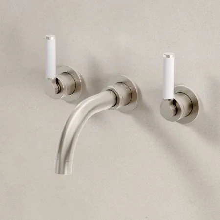 Bayor Wall Mounted 3 Hole Basin Mixer - 160mm Spout - White Lever - Brushed Nickel