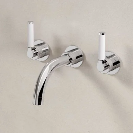 Bayor Wall Mounted 3 Hole Basin Mixer - 160mm Spout - White Lever - Chrome