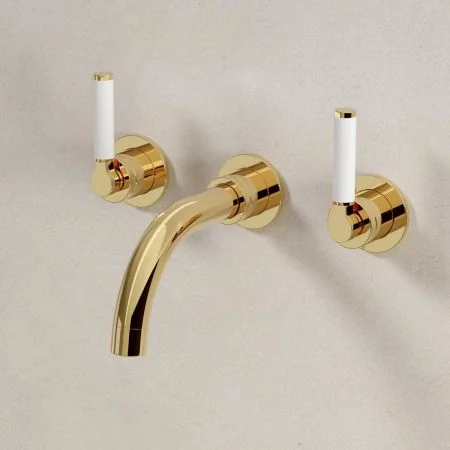 Bayor Wall Mounted 3 Hole Basin Mixer - 160mm Spout - White Lever - Living Brass