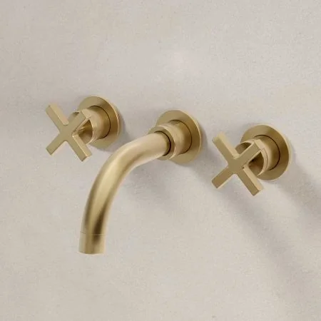 Bayor Wall Mounted 3 Hole Basin Mixer - 160mm Spout - Crosshead - Brushed Brass