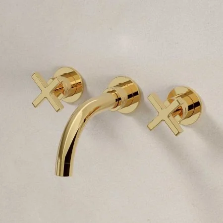 Bayor Wall Mounted 3 Hole Basin Mixer - 160mm Spout - Crosshead - Living Brass