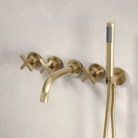 Bayor 5-Hole - Wall Mounted - Bath Shower Mixer - X Top - Brushed Brass