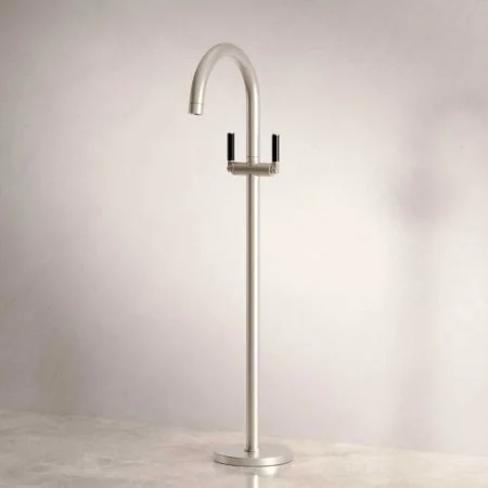 Bayor Floor Mounted Bath Filler - Black Lever - Brushed Nickel