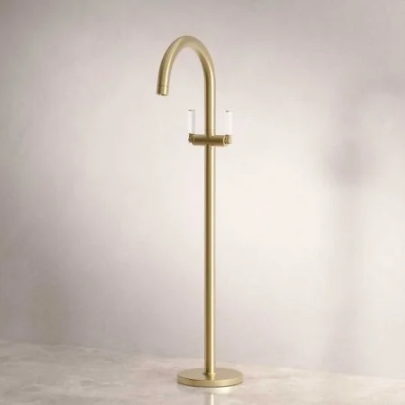 Bayor Floor Mounted Bath Filler - White Lever - Brushed Brass