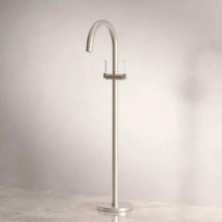Bayor Floor Mounted Bath Filler - White Lever - Brushed Nickel