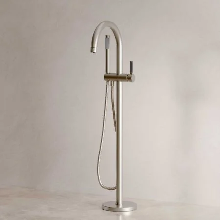 Bayor Floor Mounted Bath Shower Mixer - Black Lever - Brushed Nickel