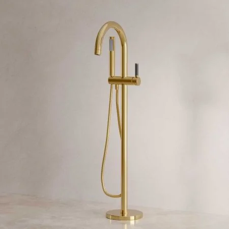 Bayor Floor Mounted Bath Shower Mixer - Black Lever - Living Brass