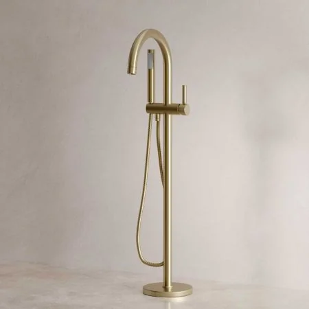 Bayor Floor Mounted Bath Shower Mixer - Metal Lever - Brushed Brass