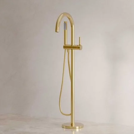 Bayor Floor Mounted Bath Shower Mixer - Metal Lever - Living Brass
