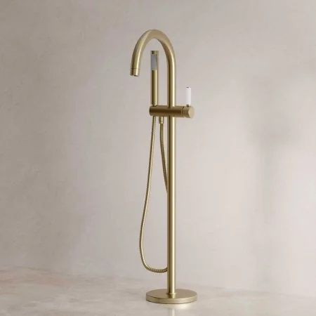 Bayor Floor Mounted Bath Shower Mixer - White Lever - Brushed Brass