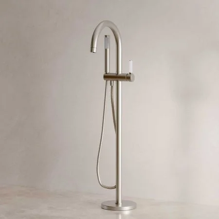 Bayor Floor Mounted Bath Shower Mixer - White Lever - Brushed Nickel