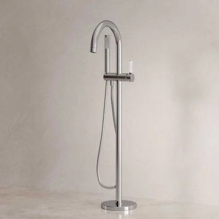 Bayor Floor Mounted Bath Shower Mixer - White Lever - Chrome