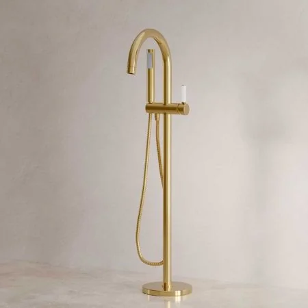 Bayor Floor Mounted Bath Shower Mixer - White Lever - Living Brass