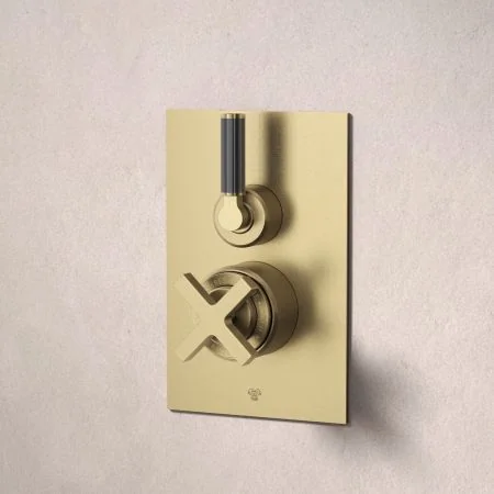 Bayor Single Outler Concealed Shower with 210mm Ceiling Arm & 8" Rose - Black Lever - Brushed Brass