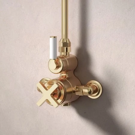 Bayor Single Outlet Exposed Shower with 8" Rose - White Lever - Polished Brass