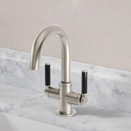 Bayor Deck Mounted Monobloc Basin Mixer - Black Lever - Brushed Nickel