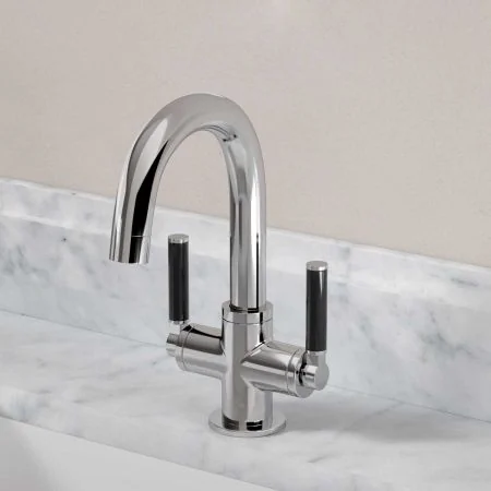 Bayor Deck Mounted Monobloc Basin Mixer - Black Lever - Chrome