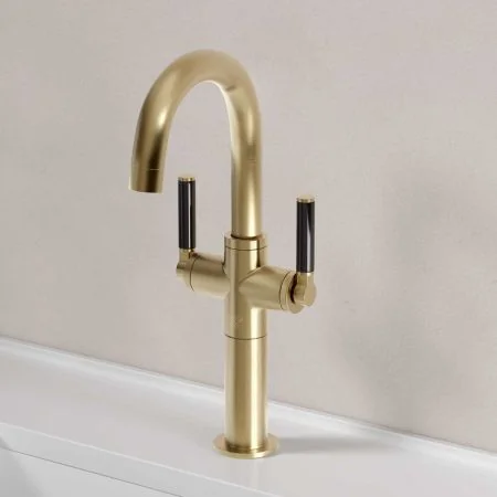 Bayor Deck Mounted Monobloc Basin Mixer with 100mm Extension - Black Lever - Brushed Brass