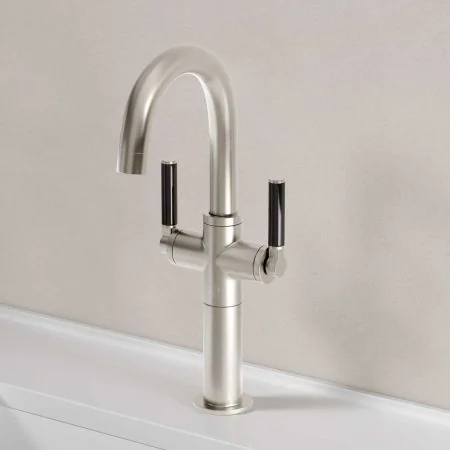 Bayor Deck Mounted Monobloc Basin Mixer with 100mm Extension - Black Lever - Brushed Nickel