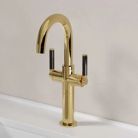Bayor Deck Mounted Monobloc Basin Mixer with 100mm Extension - Black Lever - Living Brass