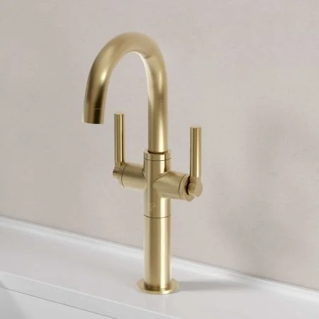Bayor Deck Mounted Monobloc Basin Mixer with 100mm Extension - Metal Lever - Brushed Brass