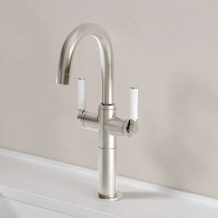 Bayor Deck Mounted Monobloc Basin Mixer with 100mm Extension - White Lever - Brushed Nickel