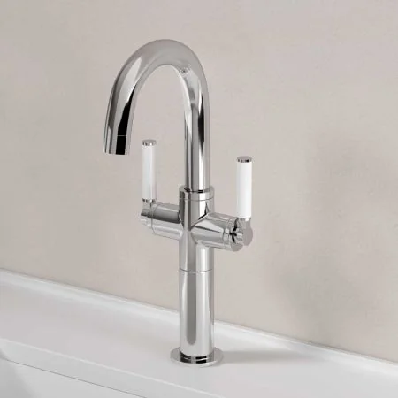 Bayor Deck Mounted Monobloc Basin Mixer with 100mm Extension - White Lever - Chrome