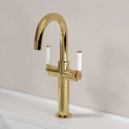 Bayor Deck Mounted Monobloc Basin Mixer with 100mm Extension - White Lever - Living Brass