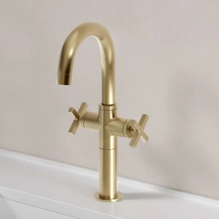 Bayor Deck Mounted Monobloc Basin Mixer with 100mm Extension - Crosshead - Brushed Brass