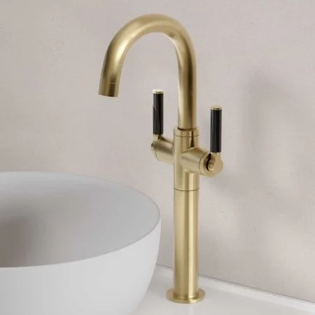 Bayor Deck Mounted Monobloc Basin Mixer with 160mm Extension - Black Lever - Brushed Brass