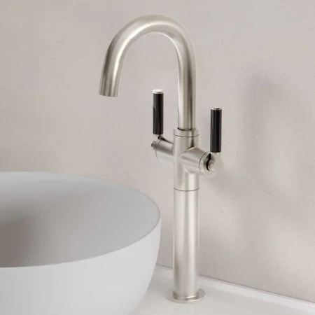 Bayor Deck Mounted Monobloc Basin Mixer with 160mm Extension - Black Lever - Brushed Nickel