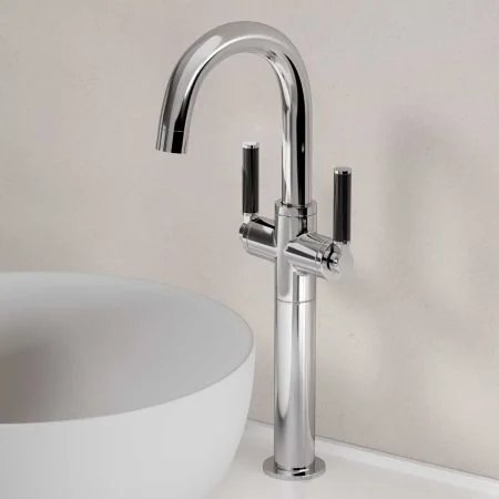 Bayor Deck Mounted Monobloc Basin Mixer with 160mm Extension - Black Lever - Chrome
