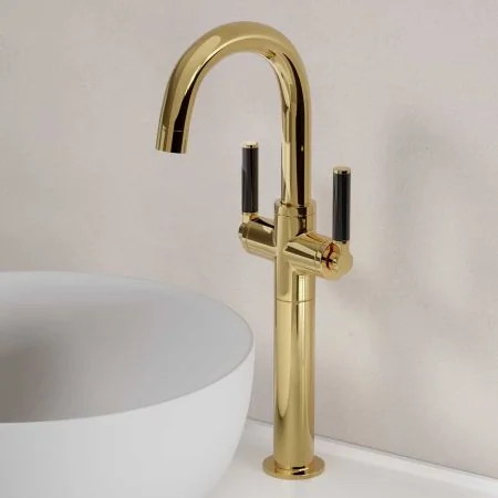 Bayor Deck Mounted Monobloc Basin Mixer with 160mm Extension - Black Lever - Living Brass