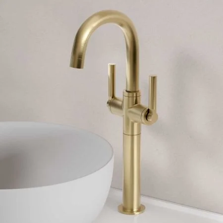 Bayor Deck Mounted Monobloc Basin Mixer with 160mm Extension - Metal Lever - Brushed Brass
